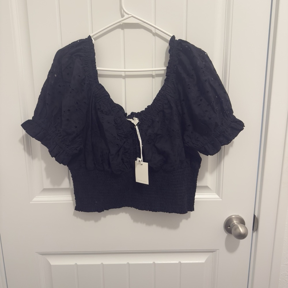 Jennifer Grace Black Eyelet Puff Sleeve Smocked Crop Top Off Shoulder Size S‎